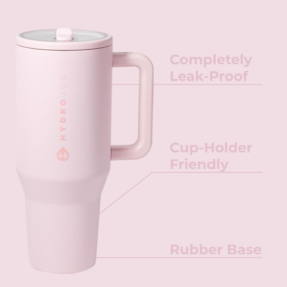 HydroJug Traveler - 32 oz Water Bottle with Handle & Flip Straw - Fits in Cup Holder, Leak Resistant Tumbler-Reusable Insulated Stainless Steel & Rubber Base - Gifts for Women & Men, Pink Sand