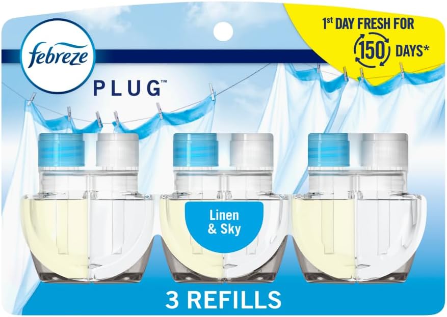 Febreze Plug-In Air Freshener, Odor-Fighting Scented Oil Refill, Air Fresheners for Home and Bathroom and Kitchen, Long Lasting for Strong Odors, Linen & Sky Scent, 0.87oz Refills, 3 Count (Pack of 1)