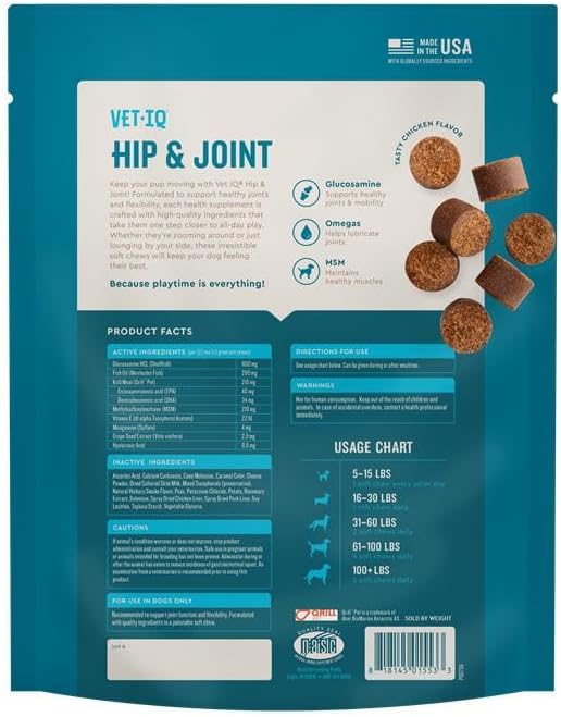 VetIQ Glucosamine Hip & Joint Supplement for Dogs, 180 Soft Chews, Joint Support Supplement with MSM and Krill, Dog Health Supplies Large & Small Breed, Chicken Flavored Chewables