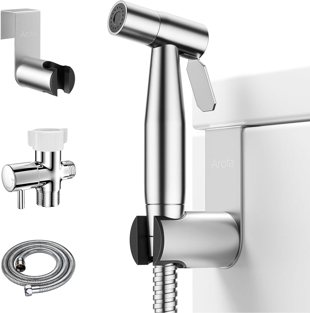 Arofa Handheld Toilet Bidet Sprayer for Toilet-Adjustable Water Pressure Control with Bidet Hose for Feminine Wash, Stainless Steel Brushed Nickel Bidet Faucet Cloth Diaper for Baby Wash