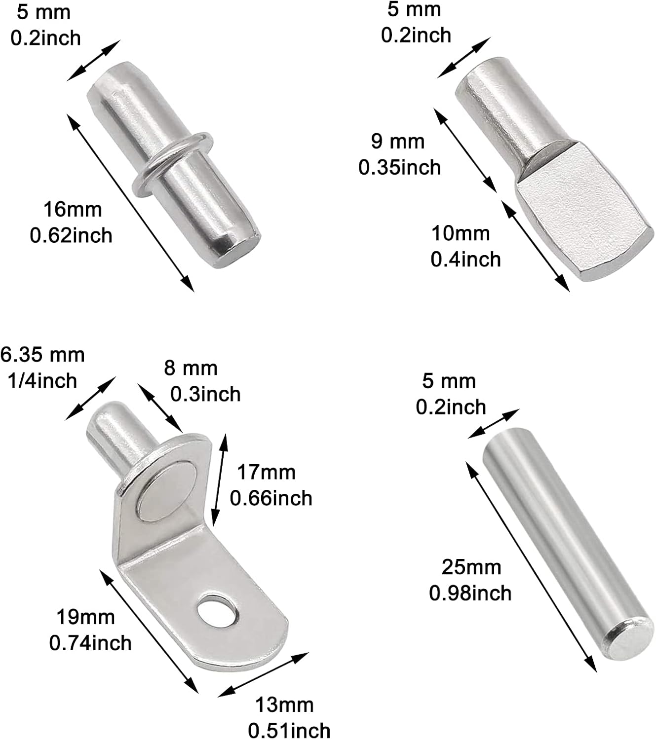 104Pcs Shelf Pins Kit,4 Styles Nickel Plated Shelf Support Pegs,Bookshelf Pegs for Shelves,Cabinet Shelf Bracket Pegs Shelf Pins Holders for Kitchen Furniture & Closet ( 5mm & 1/4inch )