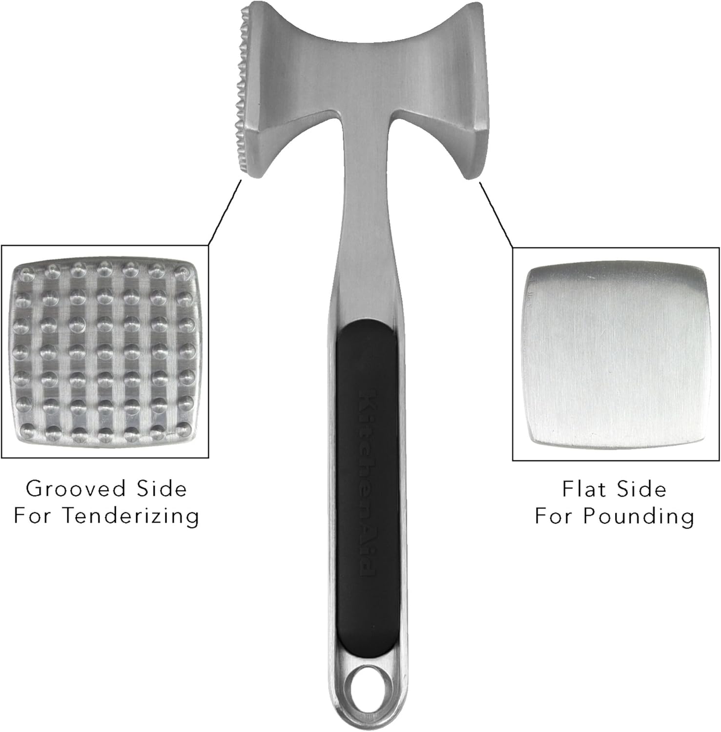 KitchenAid Gourmet Multi Sided Meat Tenderizer for Pounding Meats, Nuts, Shellfish, ect, Hang Hole for Easy Storage, Hand Wash, One Size, Black