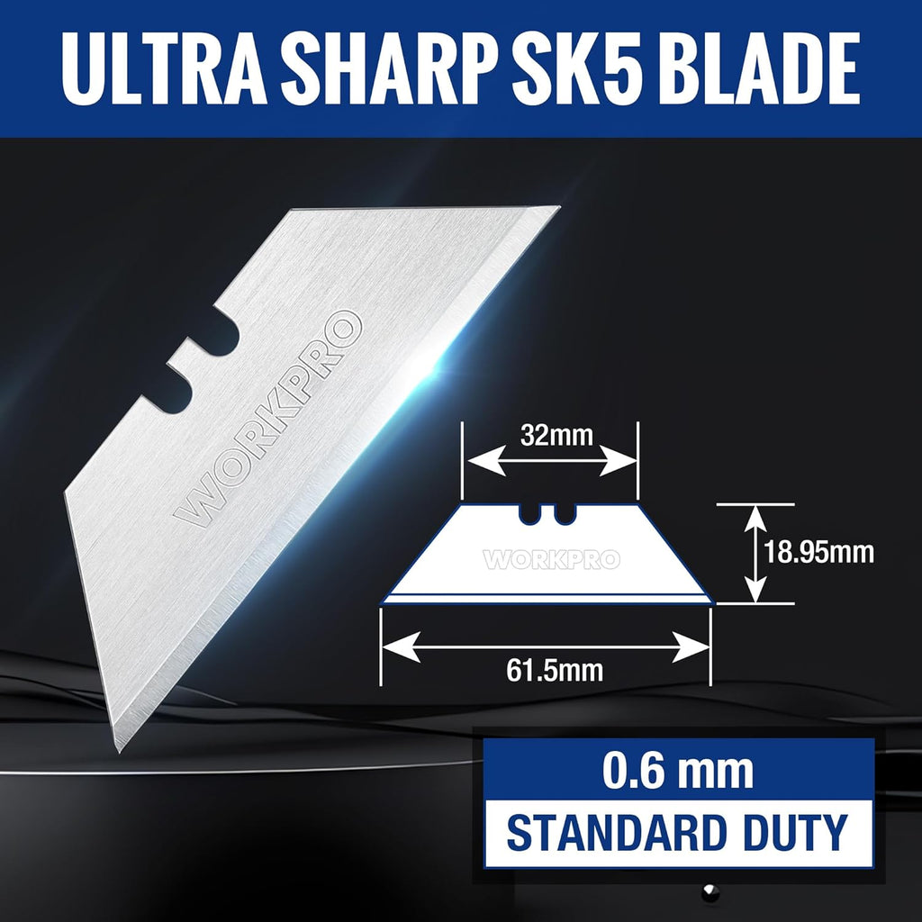 WORKPRO Utility Knife Blades, SK5 Steel, 100-Pack with Dispenser