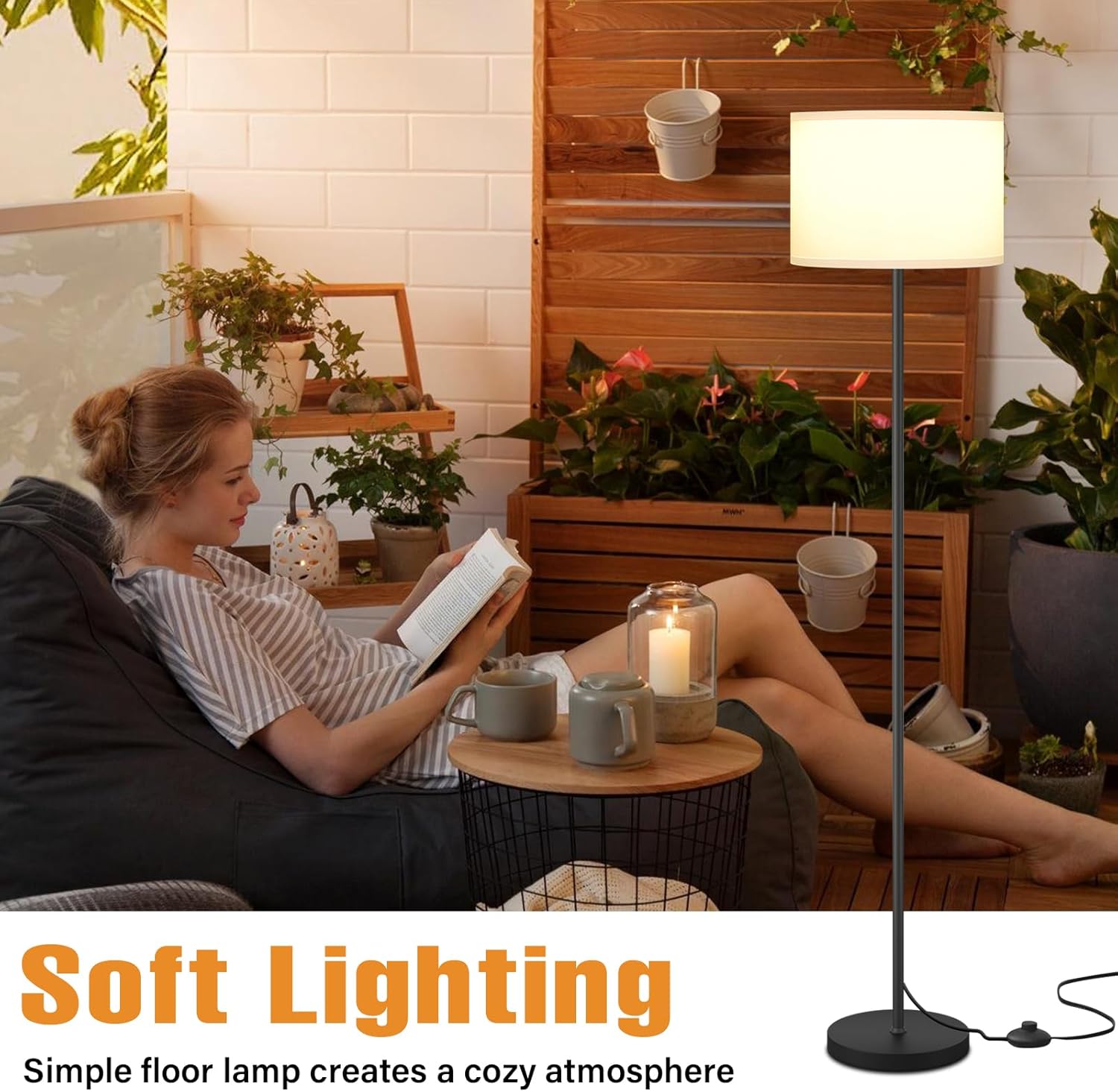 Modern Floor Lamp Simple Design with White Shade, Foot Pedal Switch, 60" Small Tall Lamps for Living Room Bedroom Office Dining Room Kitchen, Black Pole Lamp(Without Bulb)