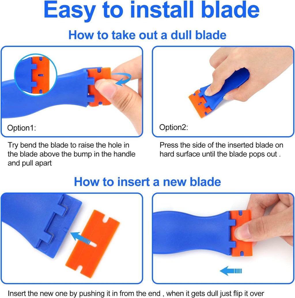 4 Pcs Plastic Razor Blade Scraper and 100 Pcs Blades, Remove Label Decal Tool， Forwithout Scratches Plastic Razor Blade Scraper, Adhesive Remover for Stickers, Gaskets and Paints on Window Car Glass