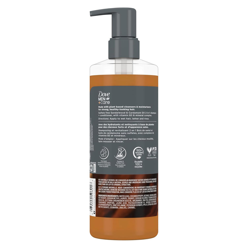 DOVE MEN + CARE 2-in-1 Shampoo + Conditioner Sandalwood & Cardamom Oil for Thick & Full Hair, + Vitamin B3 & Mineral Complex, 17.5 oz