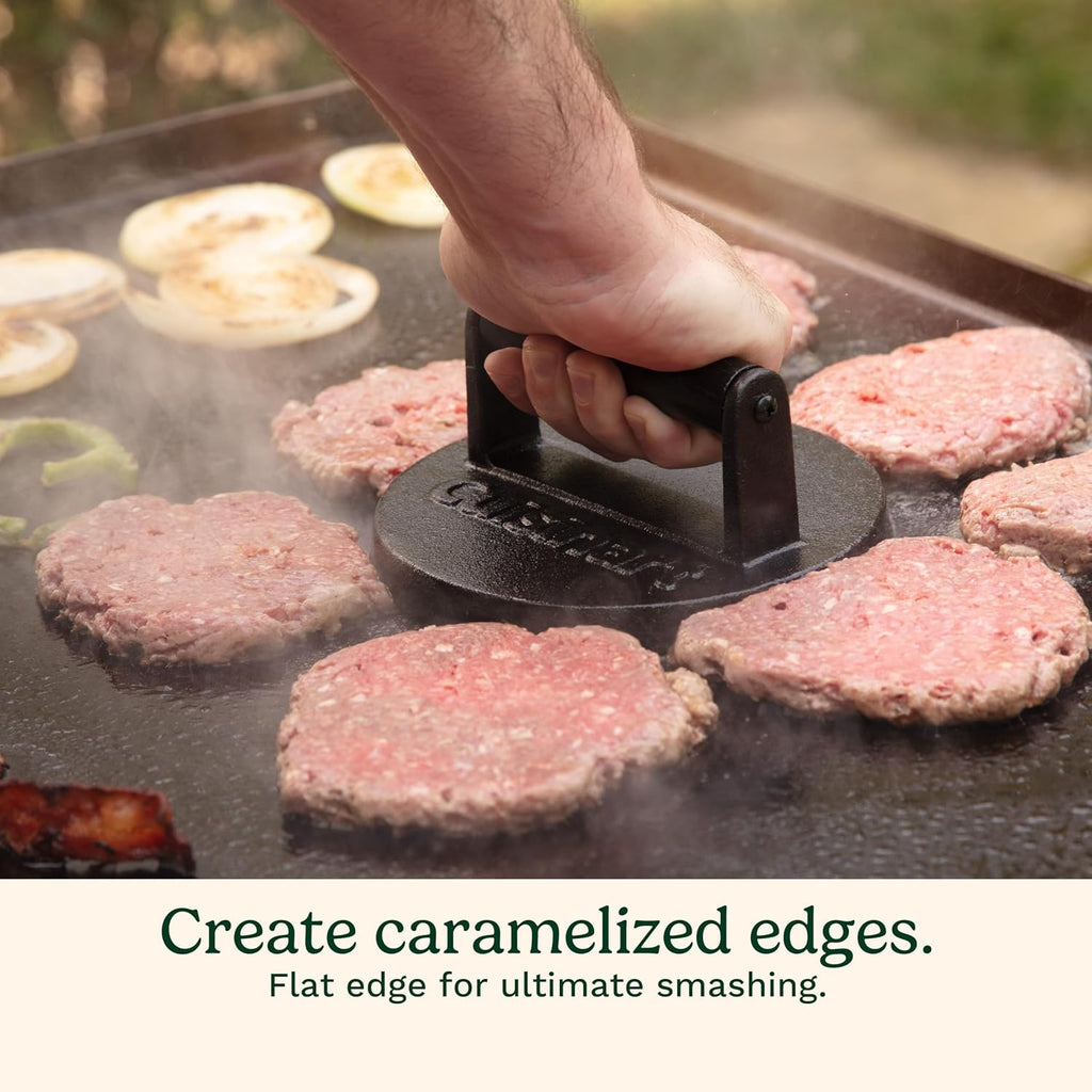 Cuisinart 6.5" Cast Iron Smashed Burger Press, Round Flat Edge Grill Press for Crispy Smash Burgers, Burger Tool for Grill and Griddle Accessories, for BBQs and Tailgates