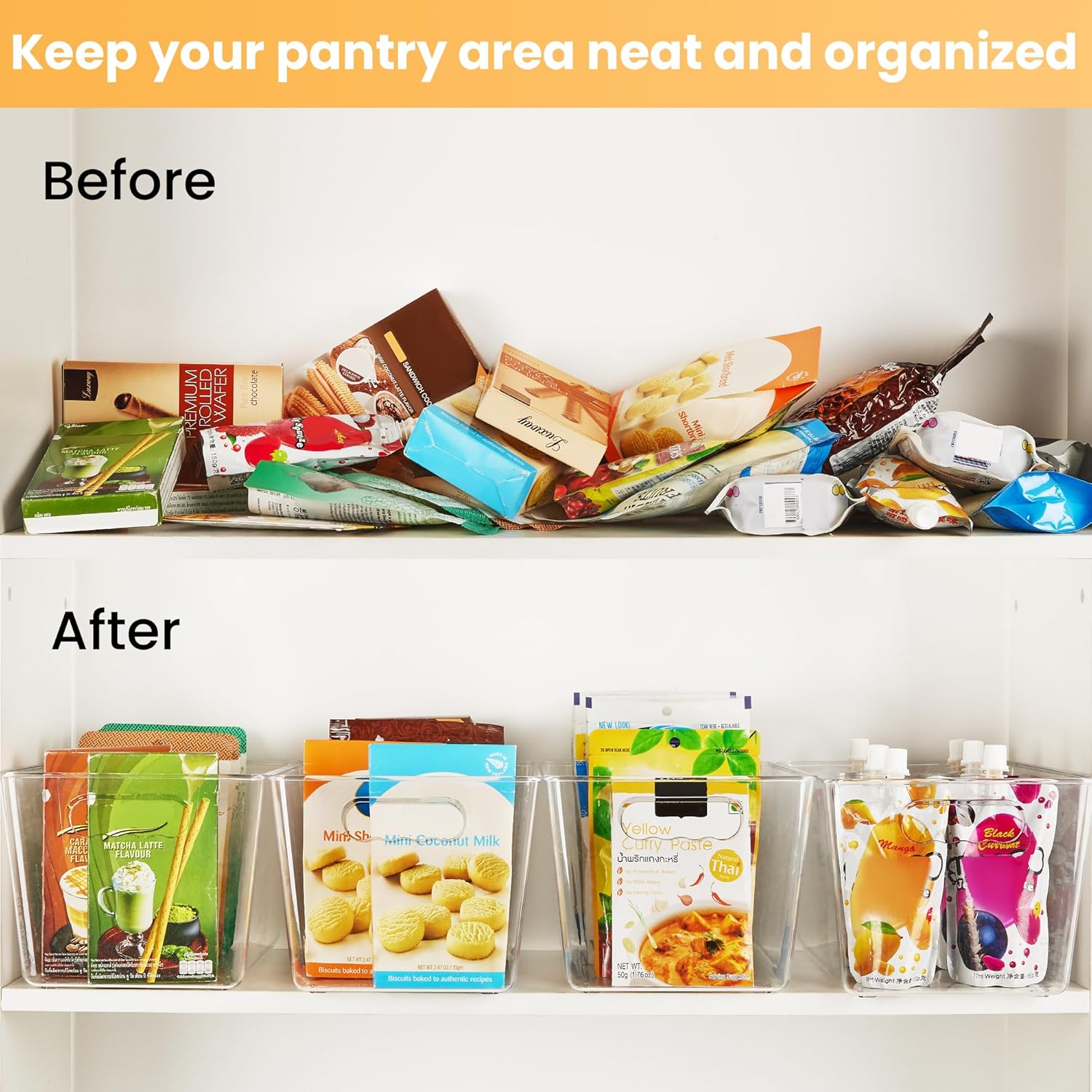 YIHONG 6 Pack Clear Pantry Organizer Bins, Plastic Containers with Handle for Kitchen,Freezer,Cabinet,Closet,Bathroom Under Sink Storage