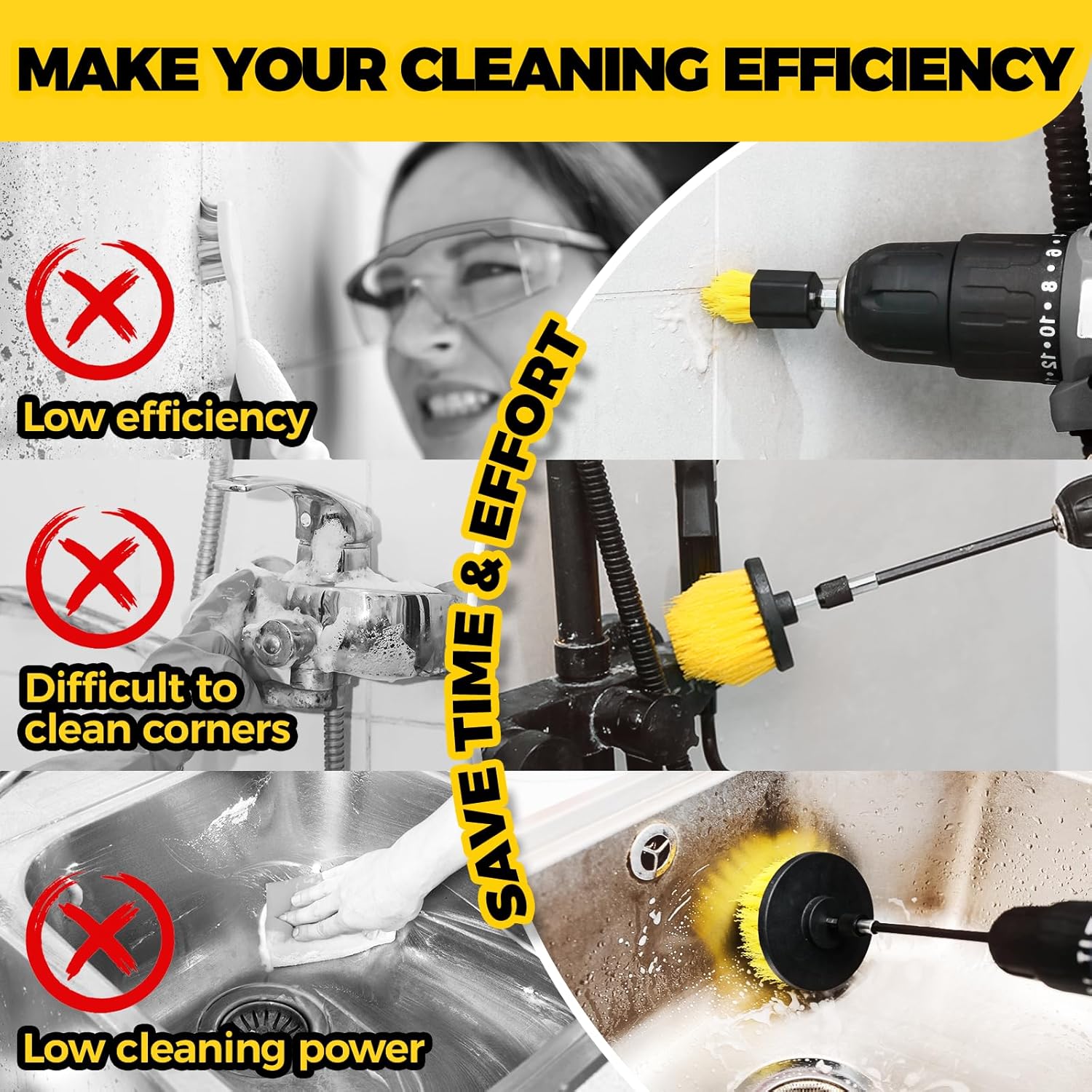 Holikme 6Pack Drill Brush Power Scrubber Cleaning Brush Extended Long Attachment Set All Purpose Drill Scrub Brushes Kit for Grout, Floor, Tub, Bathroom and Kitchen Surface,Scratch Brushes（Yellow）