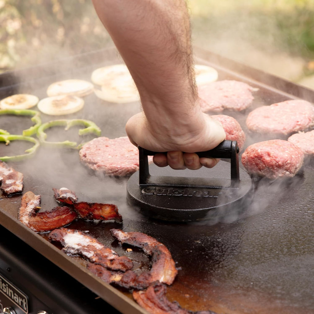 Cuisinart 6.5" Cast Iron Smashed Burger Press, Round Flat Edge Grill Press for Crispy Smash Burgers, Burger Tool for Grill and Griddle Accessories, for BBQs and Tailgates