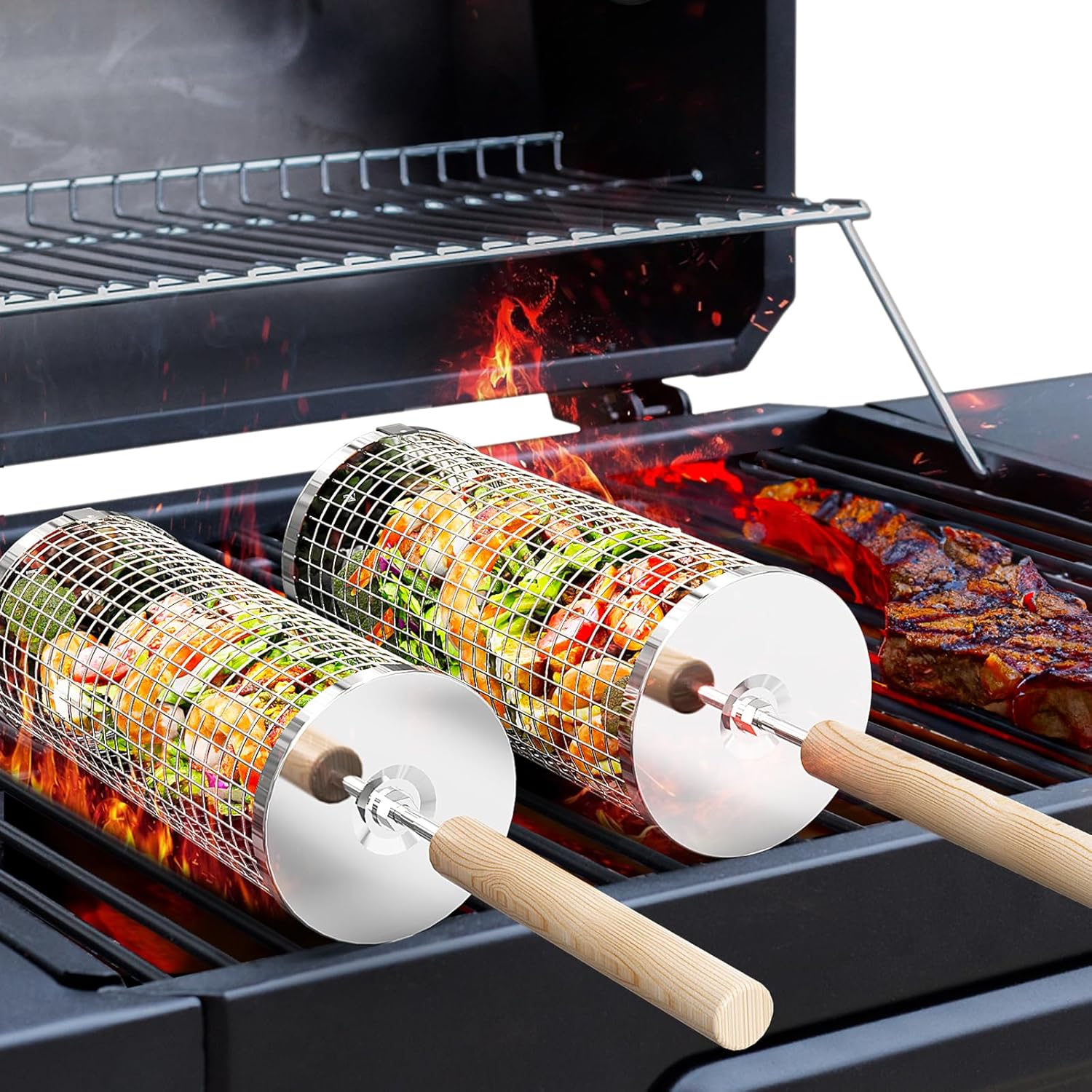 ivtivfu Rolling Grill Basket, Removable Wooden Handle, 304 Stainless Steel, Nesting BBQ Tools, Smoker Grilling Accessories for Vegetable, Outdoor Cooking Camping, Birthday Gifts for Men Dad Husband