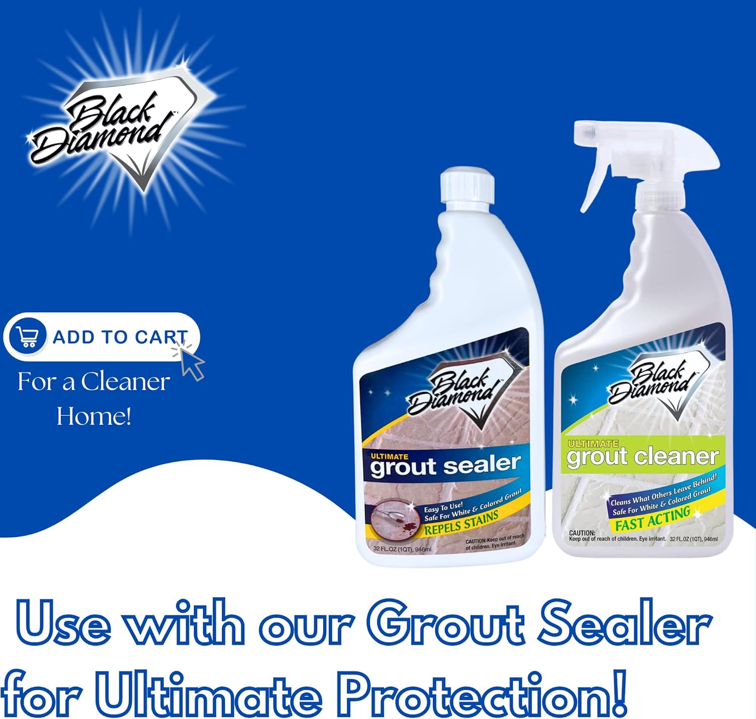 Black Diamond Ultimate Grout Cleaner: Best Cleaner for Tile,Ceramic,Porcelain, Marble Acid-Free Safe Deep Cleaner & Stain Remover for Even The Dirtiest Grout. (1-Quart/1-Brush)