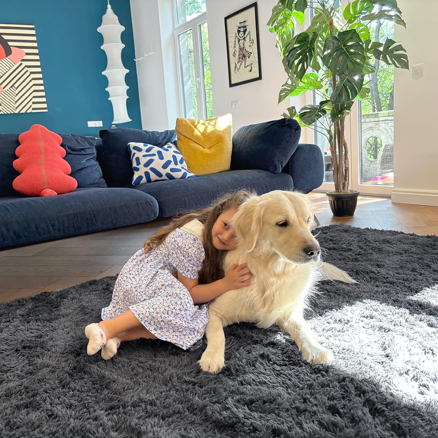 OLANLY Area Rugs for Living Room Bedroom, Machine Washable 4x5.9 ft Soft Fluffy Shaggy Bedside Rug, Indoor Floor Carpet for Kids Girls and Boys, Dorms, Nursery Rooms, Home Decor Aesthetic, Grey
