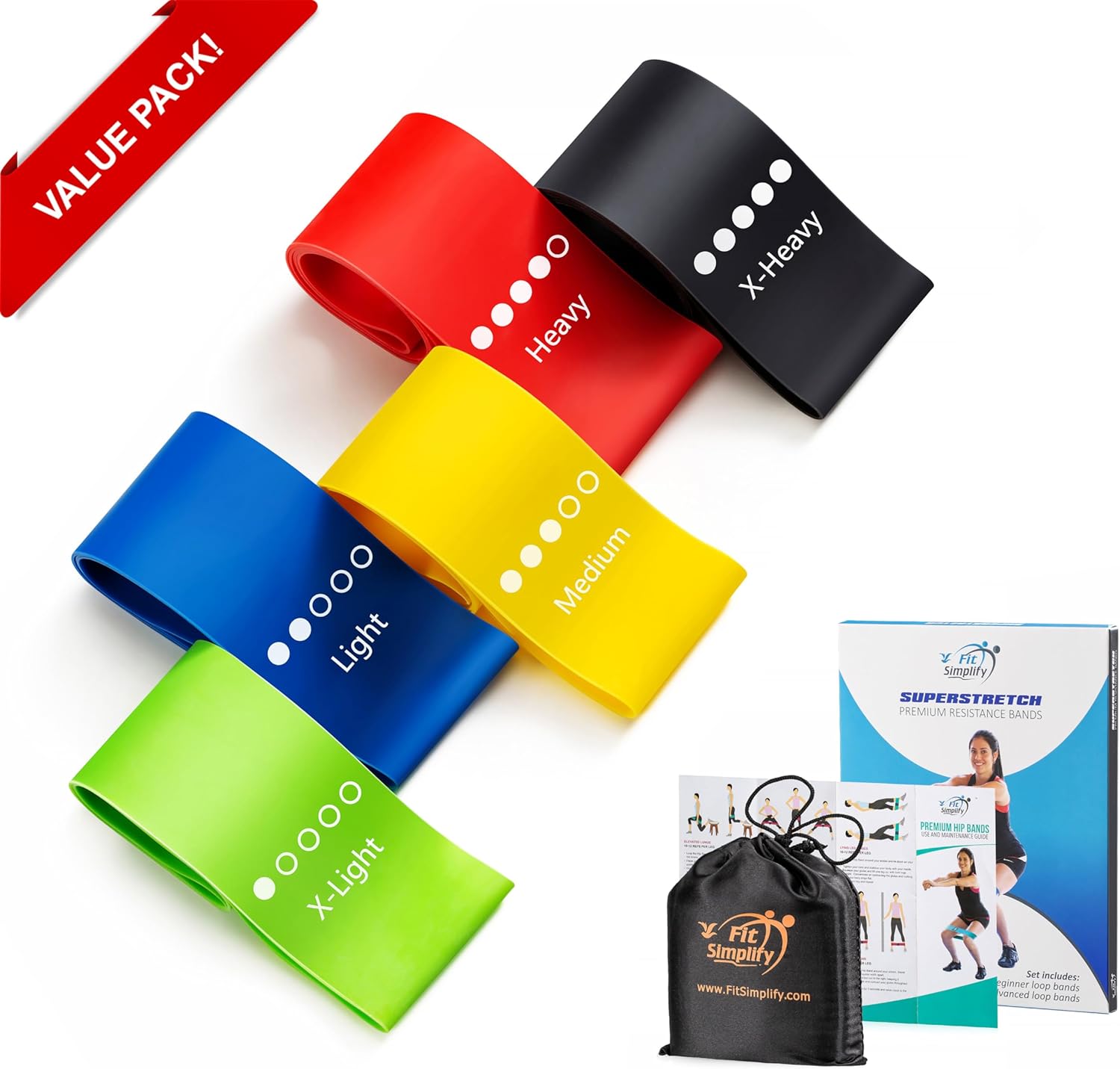 Fit Simplify Resistance Loop Exercise Bands with Instruction Guide and Carry Bag, Set of 5
