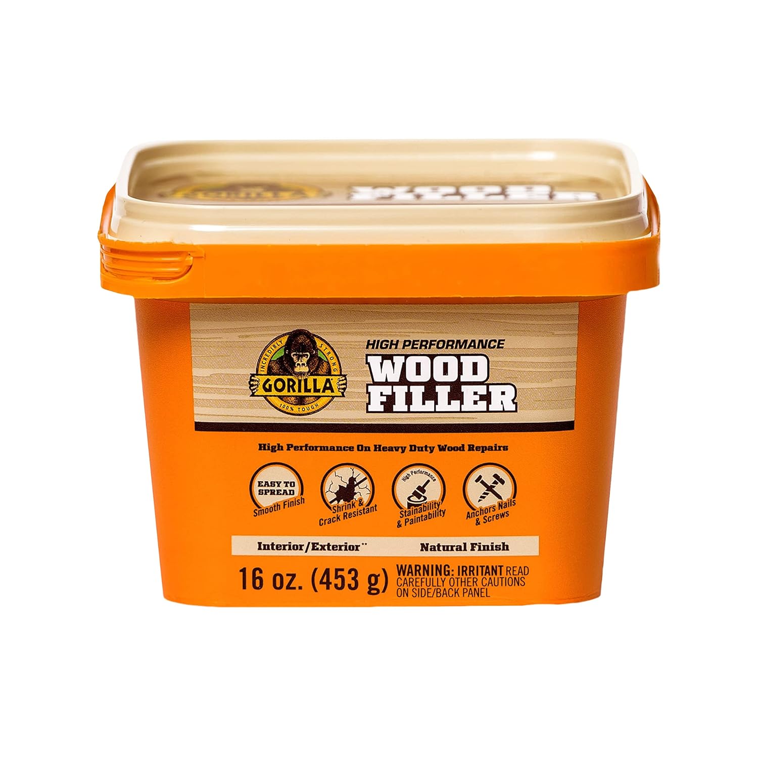 Gorilla All Purpose Wood Filler, Natural Finish, 16 Ounce Tub (Pack of 1) - Water Resistant for Indoor or Outdoor Projects and Repairs